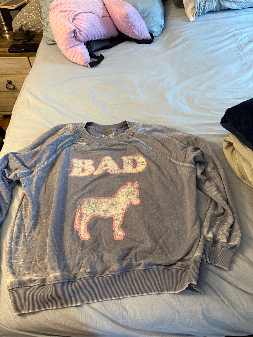 Karma Blue Crewneck Sweatshirt with Pink-Outlined Donkey Graphic